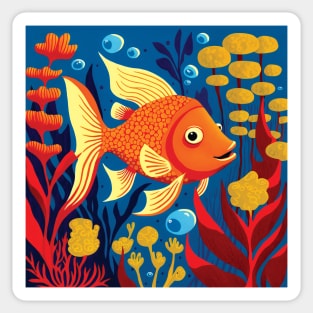 Cute Goldfish swimming in the sea with brightly coloured Seaweed Sticker